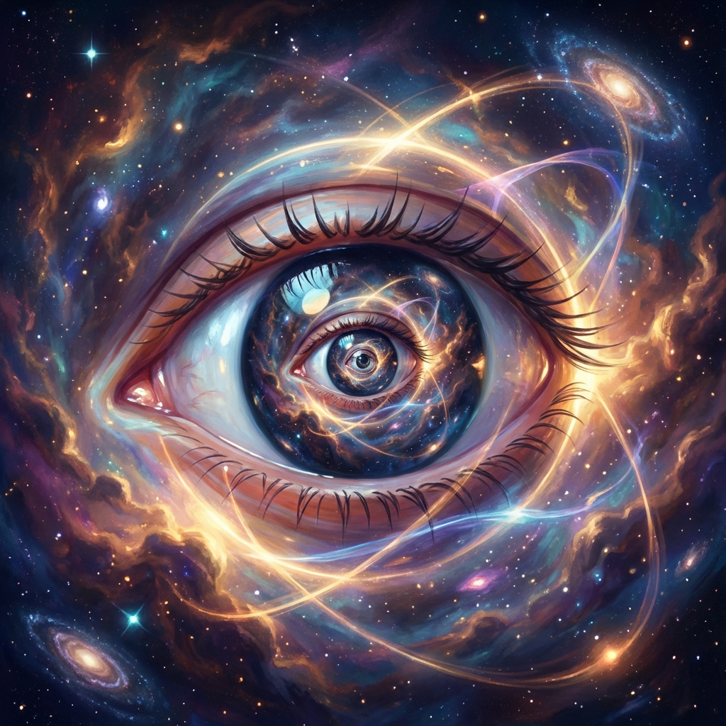 Digital painting of a cosmic eye with galaxies and nebulae inside the iris.