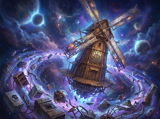 Wooden windmill floating in space surrounded by swirling debris and distant planets.