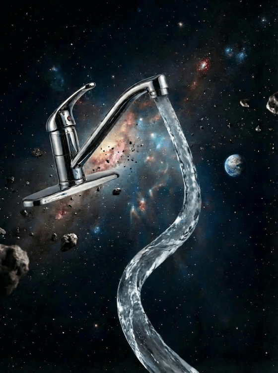Surreal digital art of a kitchen faucet pouring glowing crystalline rings into deep space.