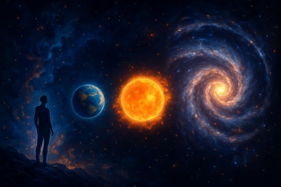 Scale comparison from human to Earth, Sun, Milky Way, and Universe