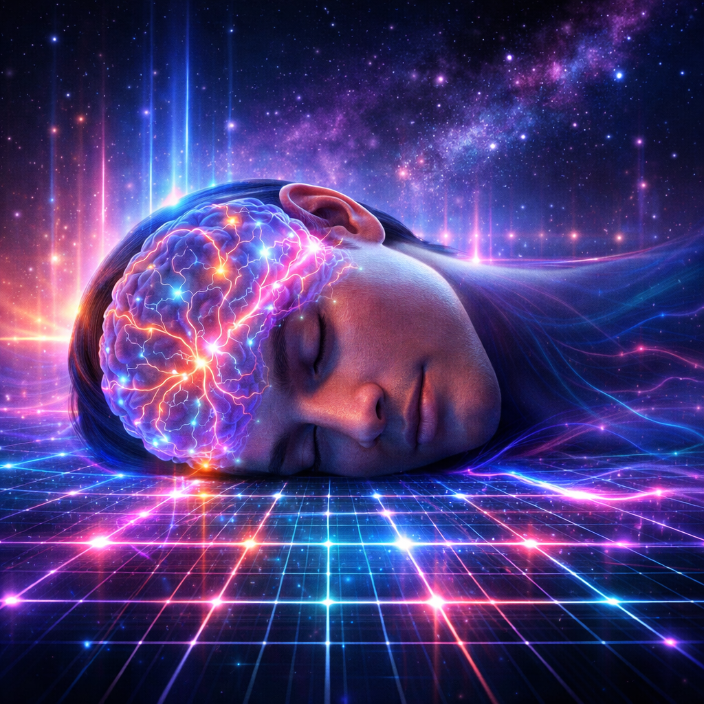 Sleeping head with illuminated brain showing neural activity over neon grid