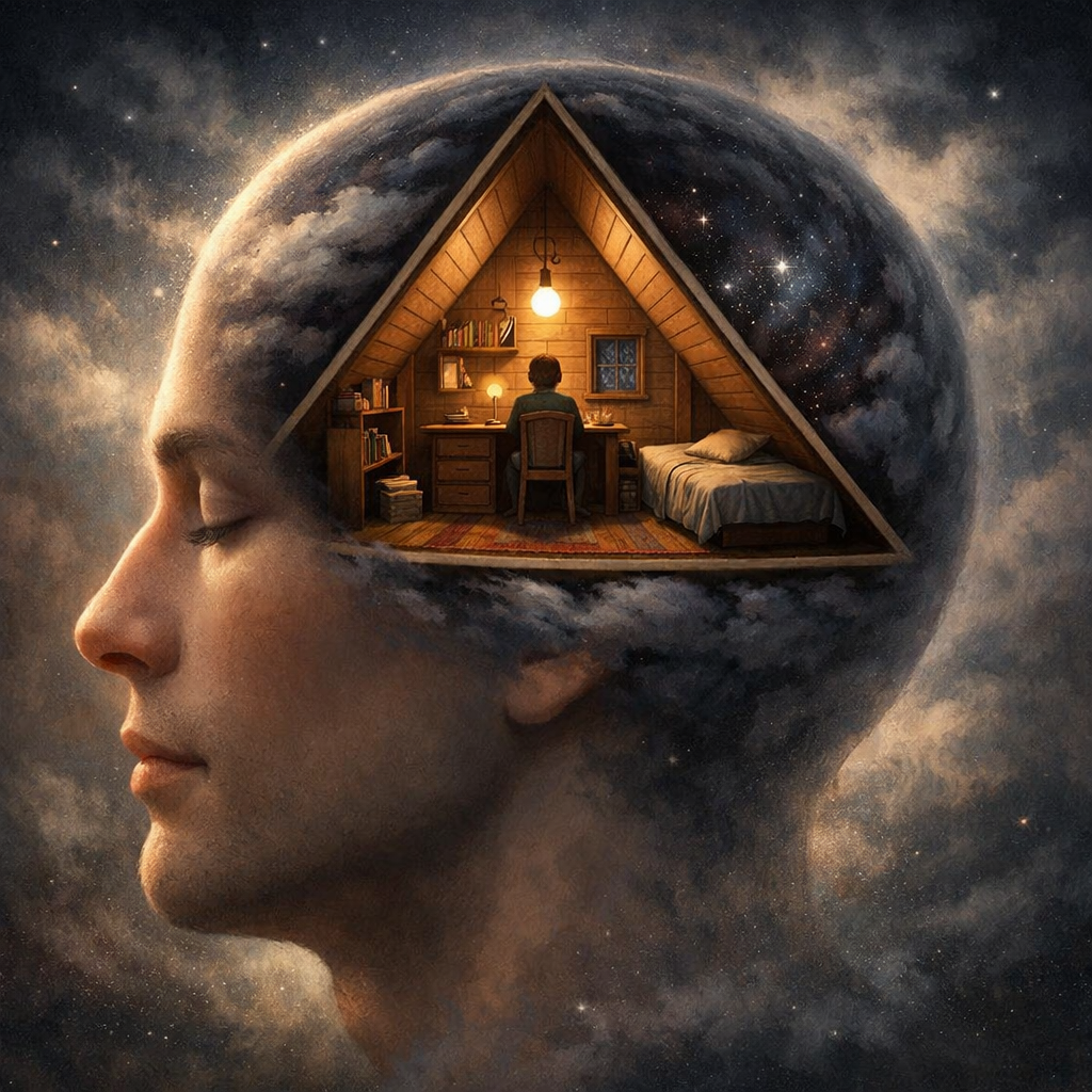 Silhouette of a human head with a wooden triangular room inside, showing a person sitting at a desk surrounded by books and a bed, set against a starry galaxy background.