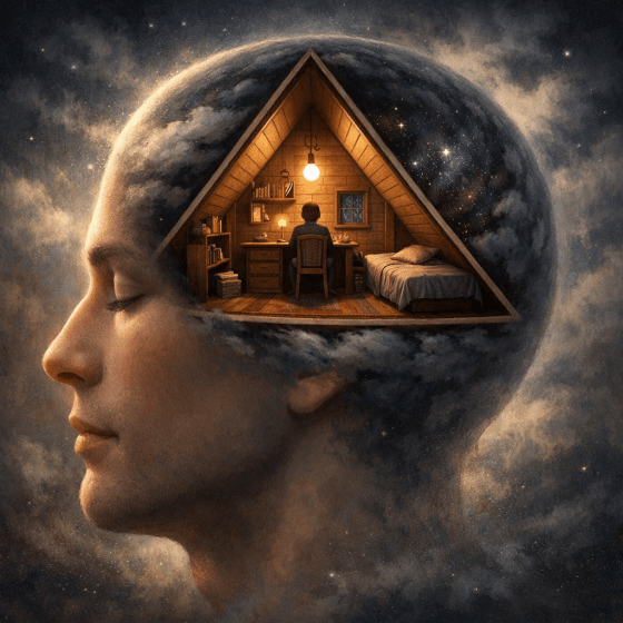 Silhouette of a human head with a wooden triangular room inside, showing a person sitting at a desk surrounded by books and a bed, set against a starry galaxy background.