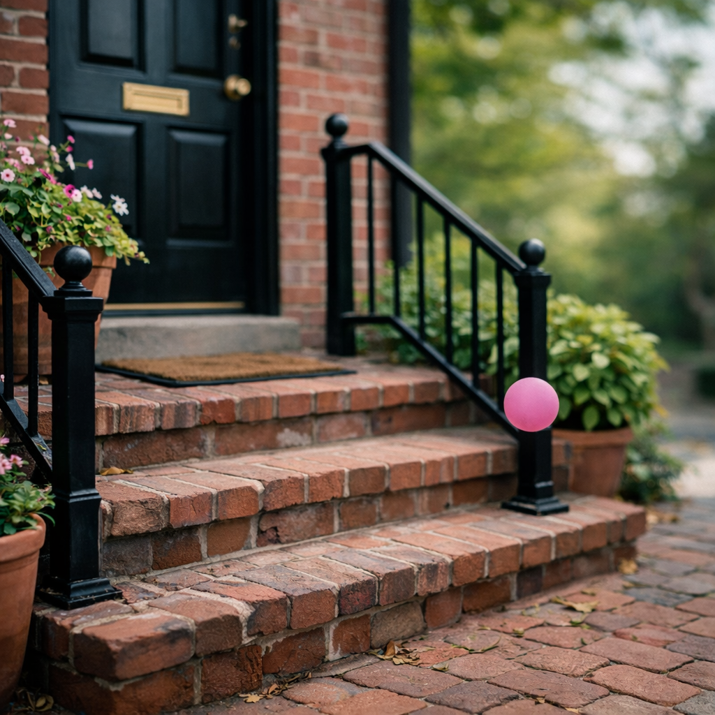 Colorful beach ball in midair near brick front porch stairs with black metal railings and potted plants