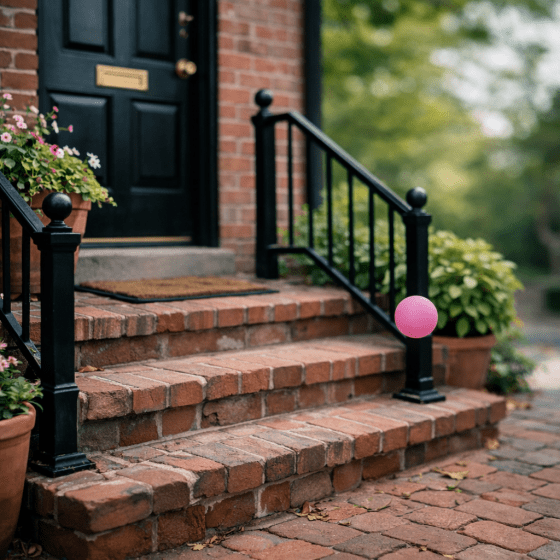 Colorful beach ball in midair near brick front porch stairs with black metal railings and potted plants