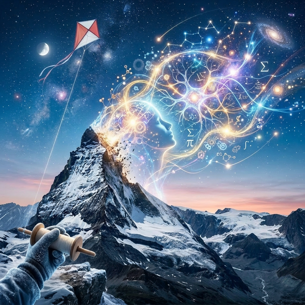 Mountain transforming into a human head with glowing neural and cosmic patterns