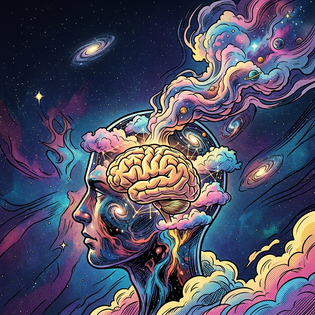 Illustration of a human head silhouette with a brain emitting colorful cosmic clouds and galaxies
