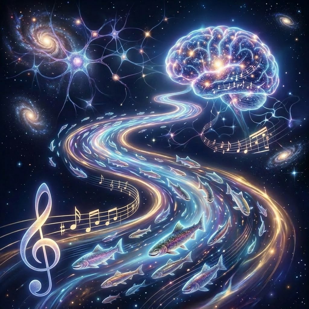 Glowing brain surrounded by musical notes and flowing fish in cosmic space
