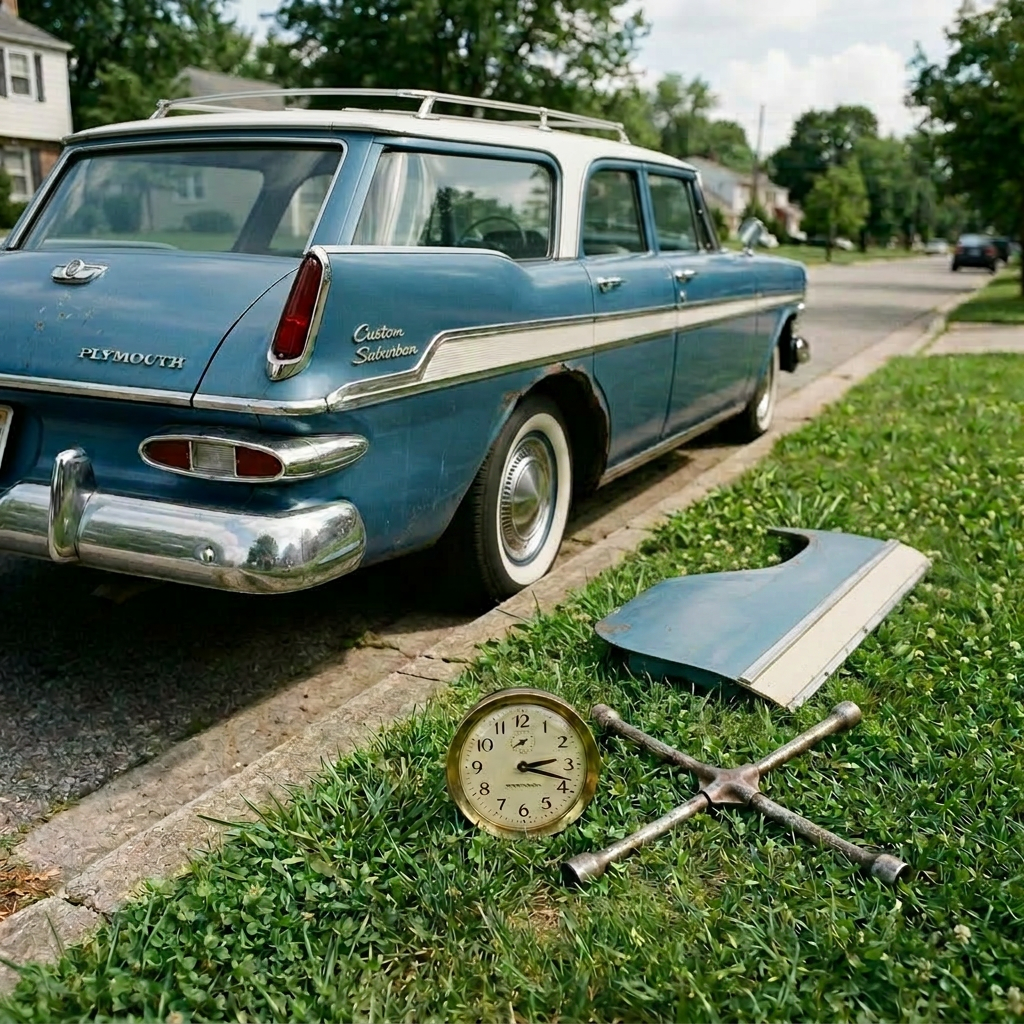 Blue Plymouth Fury car parked on street curb with clock and tire iron on grass