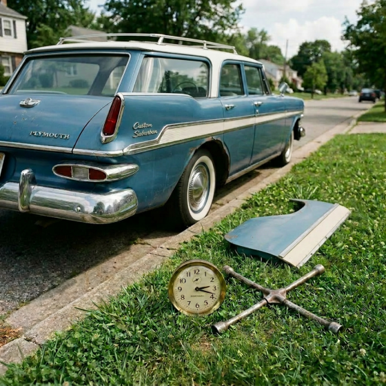 Blue Plymouth Fury car parked on street curb with clock and tire iron on grass