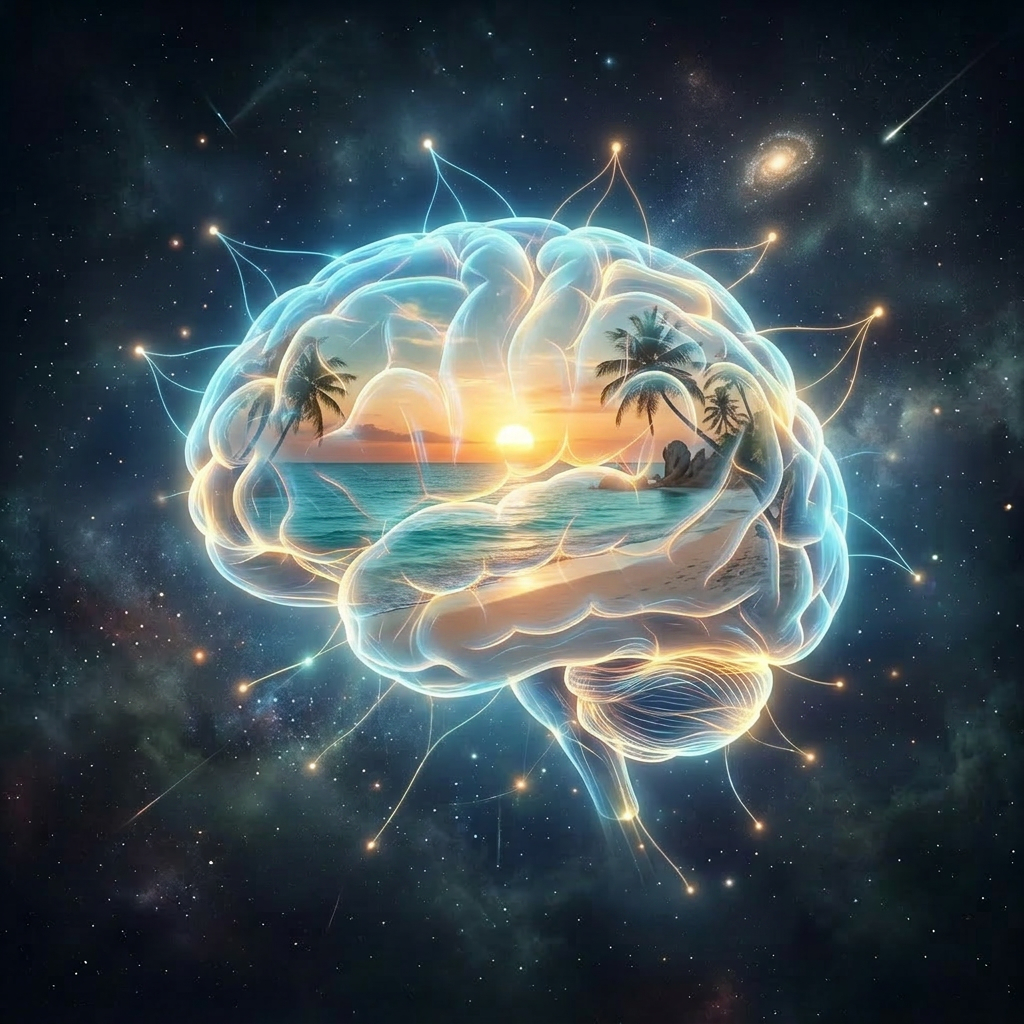 Glowing brain with sections labeled future plans, project ideas, creativity, imagination, learning, and innovation