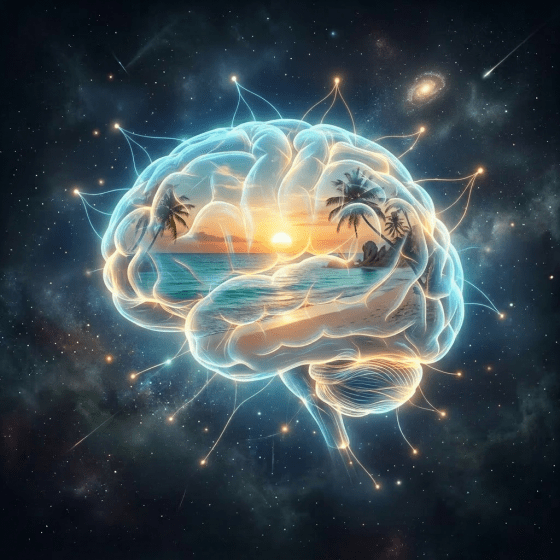 Glowing brain with sections labeled future plans, project ideas, creativity, imagination, learning, and innovation