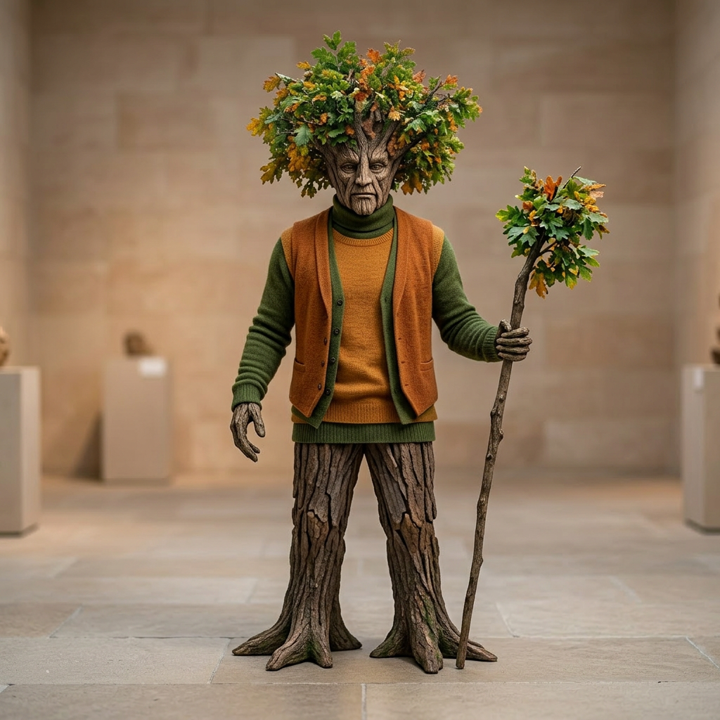 Humanoid figure made of tree bark and autumn leaves holding a leafy staff in a forest