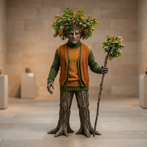 Humanoid figure made of tree bark and autumn leaves holding a leafy staff in a forest