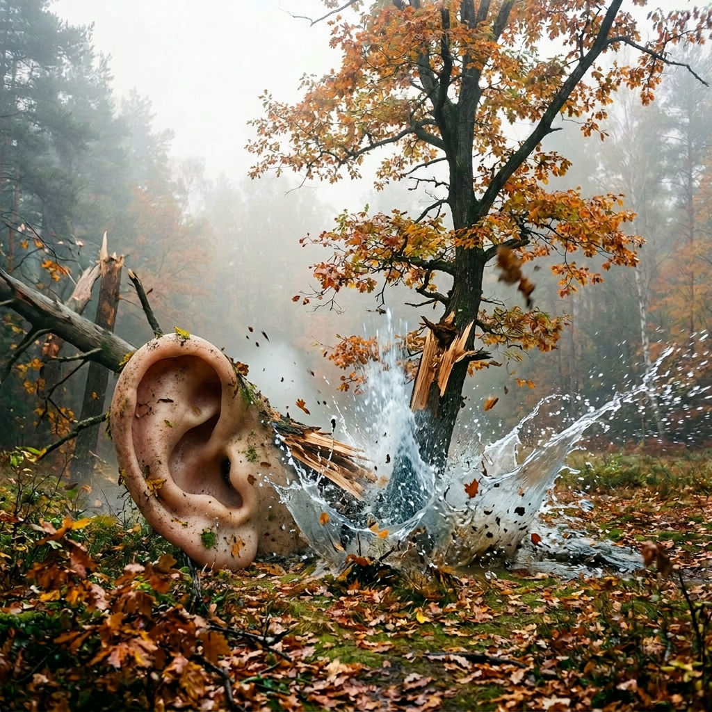 Tree with orange and yellow autumn leaves in a foggy forest clearing