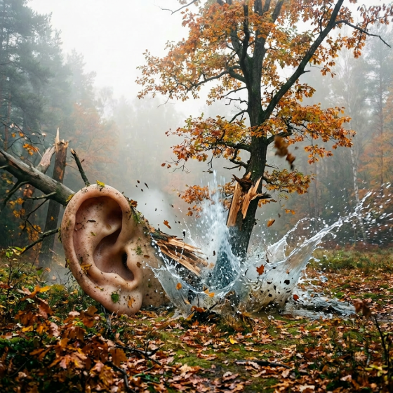 Tree with orange and yellow autumn leaves in a foggy forest clearing