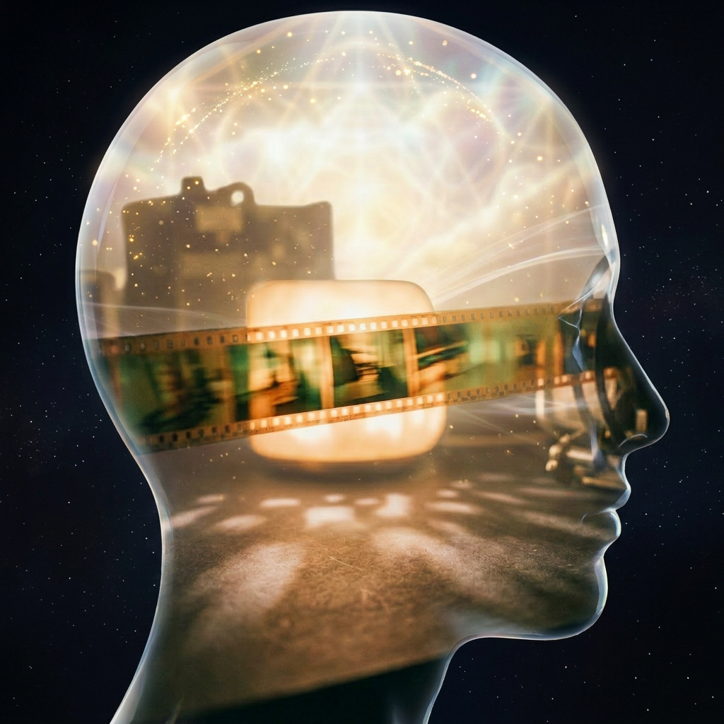 Vintage film reel with illuminated film strip casting shadows