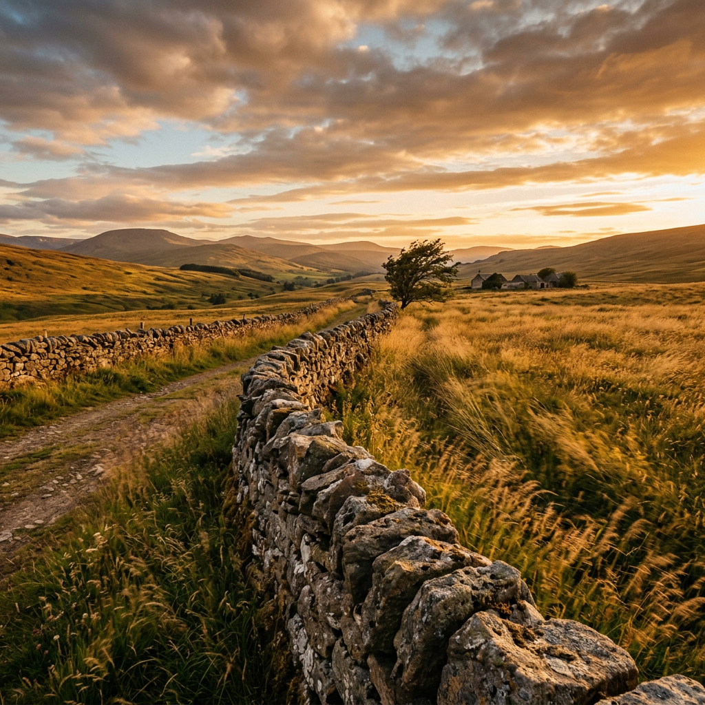 Rural landscape with stone wall, golden fields, distant hills, and sunset sky.