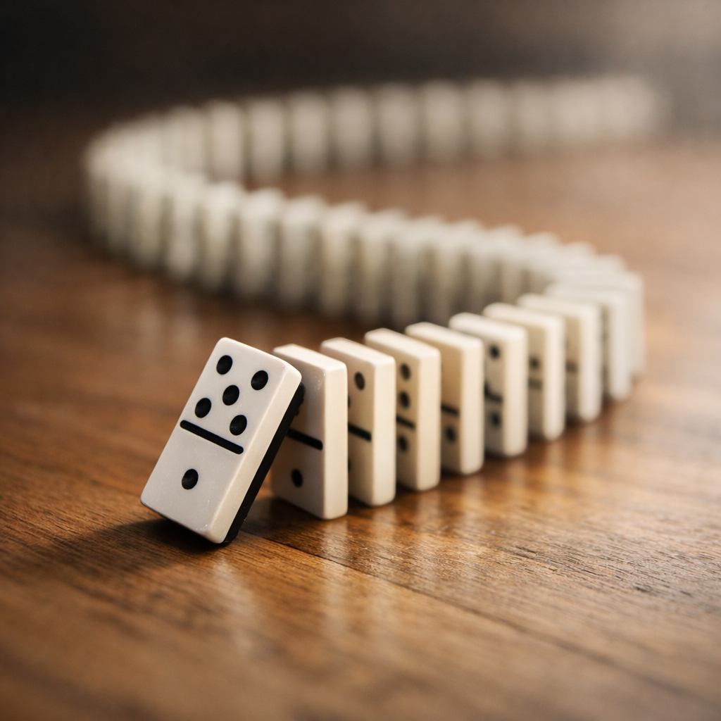 A sequence of white domino tiles falling in a curved line on a wooden table