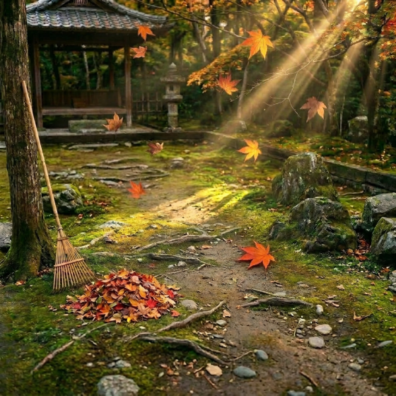 Zen rock garden with raked gravel, moss-covered rocks, and autumn maple leaves falling