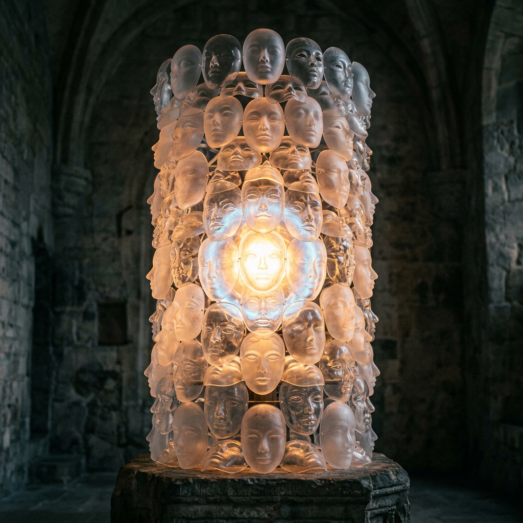 Sculpture featuring multiple translucent human face masks arranged in a cylindrical shape with internal light