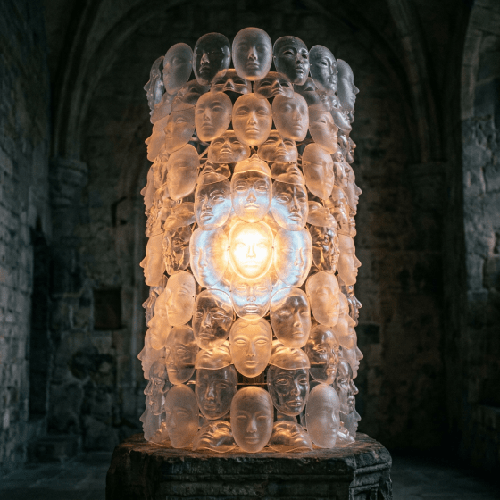 Sculpture featuring multiple translucent human face masks arranged in a cylindrical shape with internal light