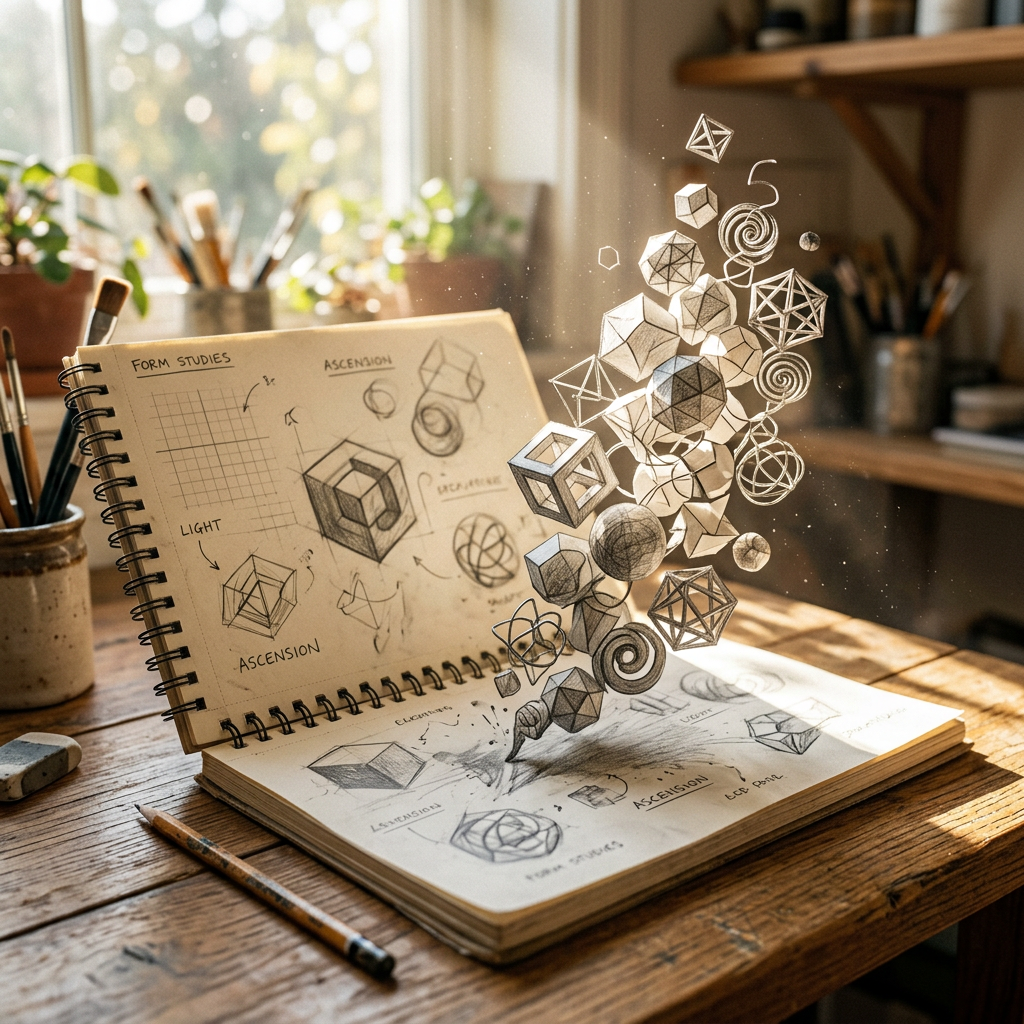 Sketchbook with geometric form studies and floating 3D shapes above pages