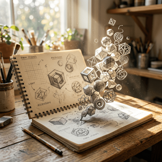 Sketchbook with geometric form studies and floating 3D shapes above pages