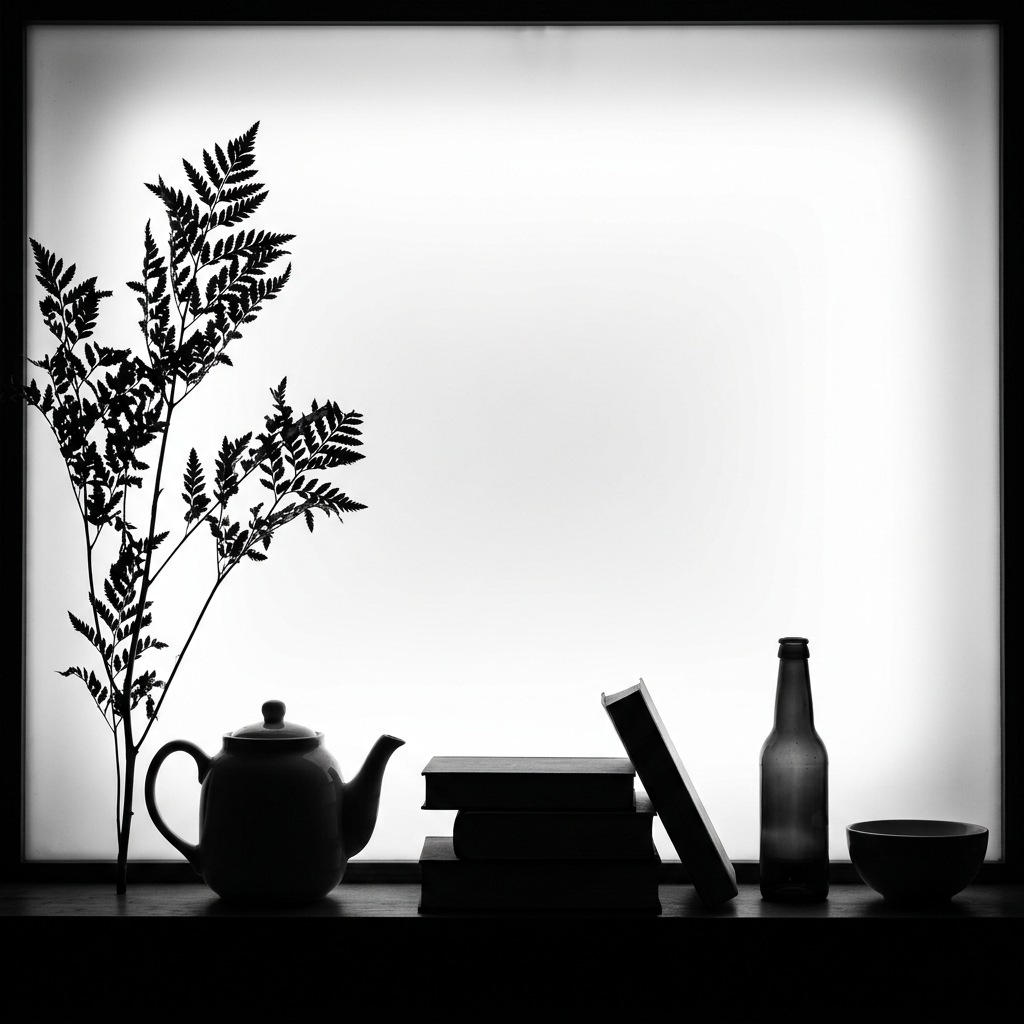 Silhouettes of a fern branch, teapot, stacked books, leaning book, bottle, and bowl on a windowsill