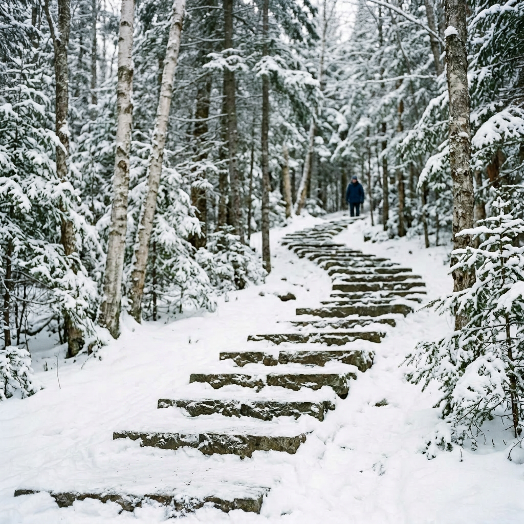Woman wearing winter clothes and backpack standing on snow-covered stone steps in forest