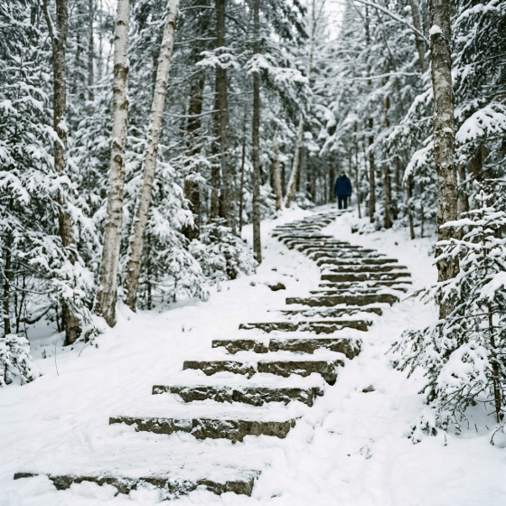 Woman wearing winter clothes and backpack standing on snow-covered stone steps in forest