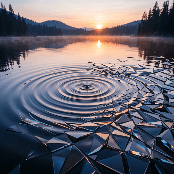 Sunset over a calm lake with water ripples and geometric mosaic pattern on the surface