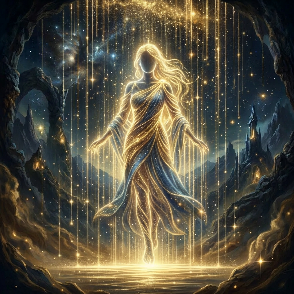 Glowing feminine figure composed of golden stardust surrounded by stars and rocky formations