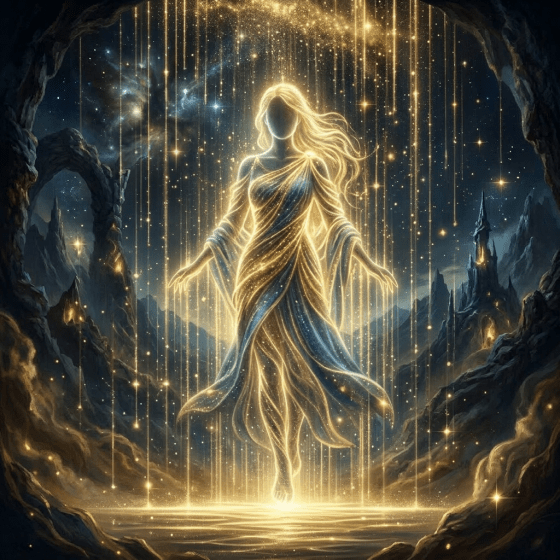Glowing feminine figure composed of golden stardust surrounded by stars and rocky formations