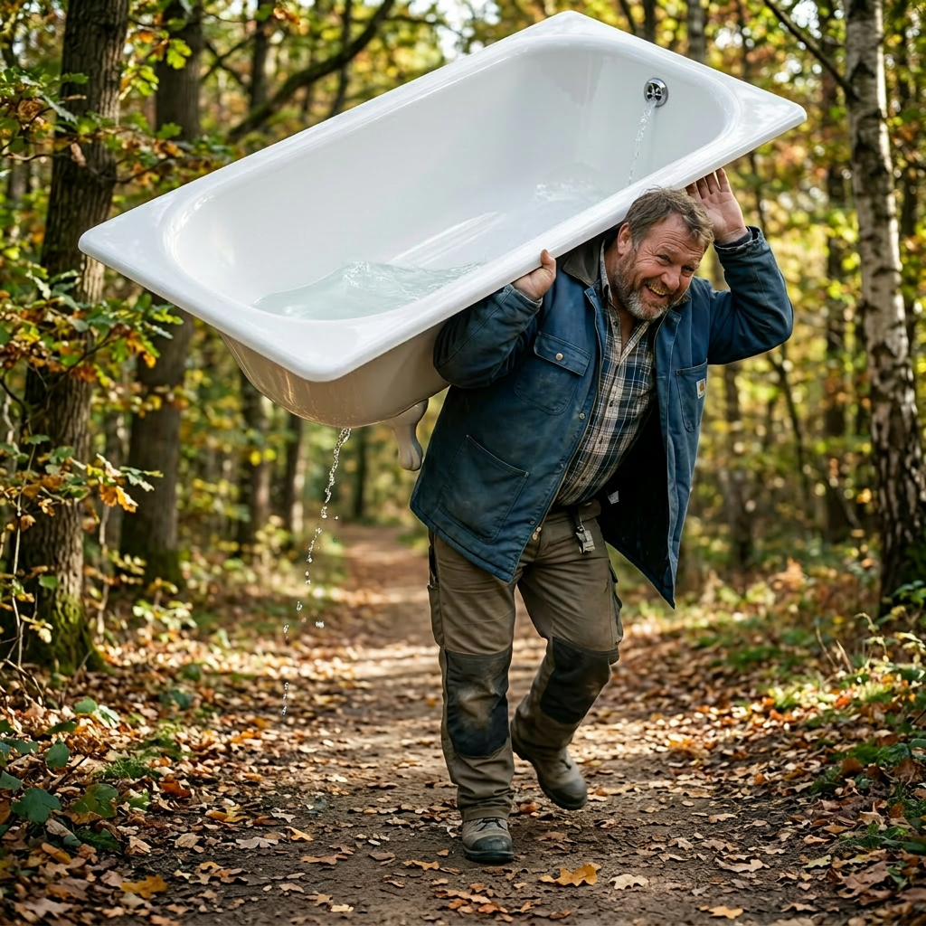 Man effortlessly carrying light tub, slight water spill