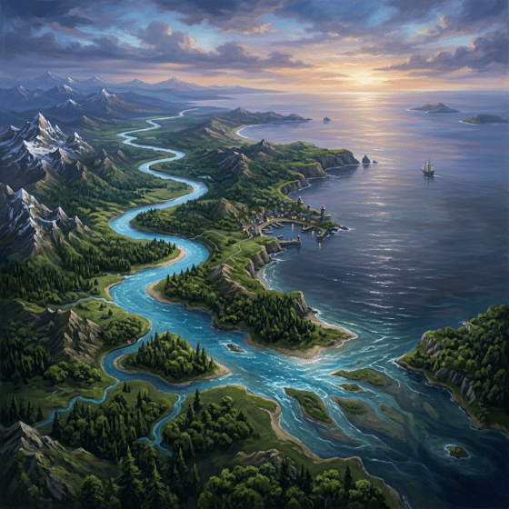 Medieval coastal town with winding river, mountains, and sailing ship at sunset