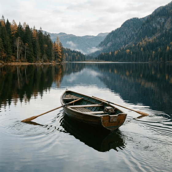 Man rowing a wooden boat on a calm lake with forested mountains in autumn