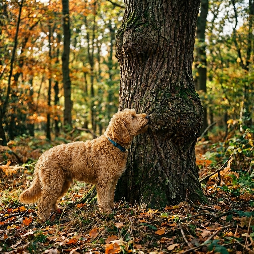 Fluffy dog standing beside a tree, sniffing the bark in an autumn forest.