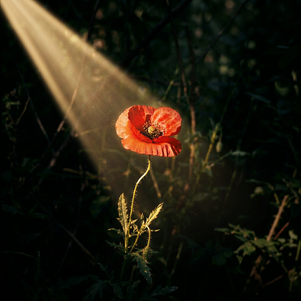 Single red poppy flower with delicate petals and green stem in shadowy foliage