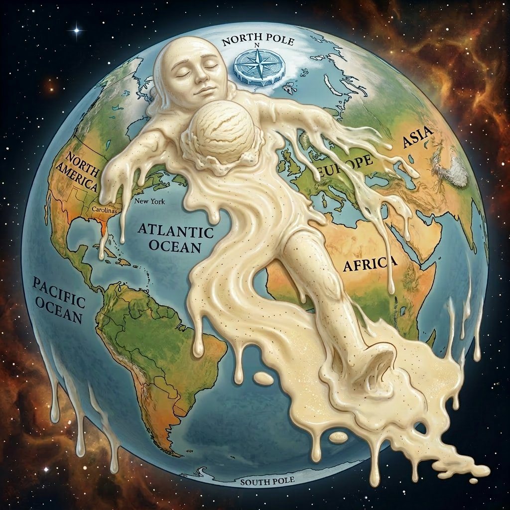 Illustration of melting ice cream figure flowing from North Pole to Florida on United States map