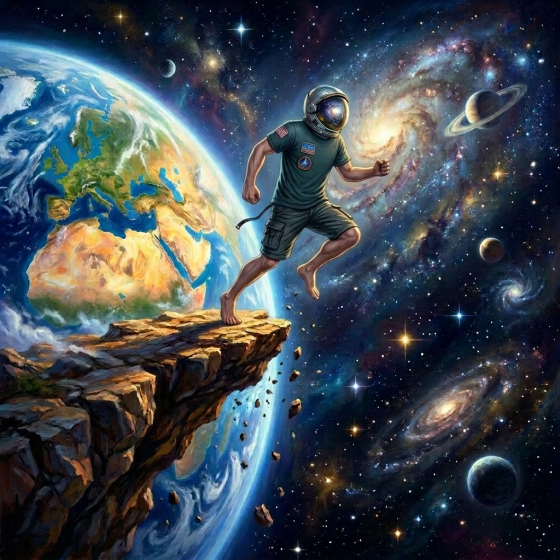 Medieval adventurer jumping from cliff on Earth into space with galaxies and planets.