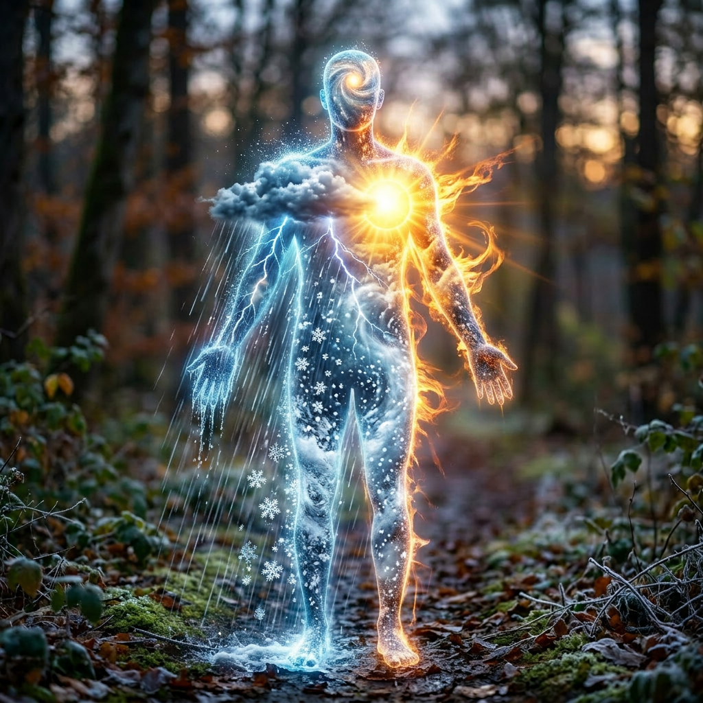 Abstract human figure with sun, clouds, rain, snow, and galaxy patterns