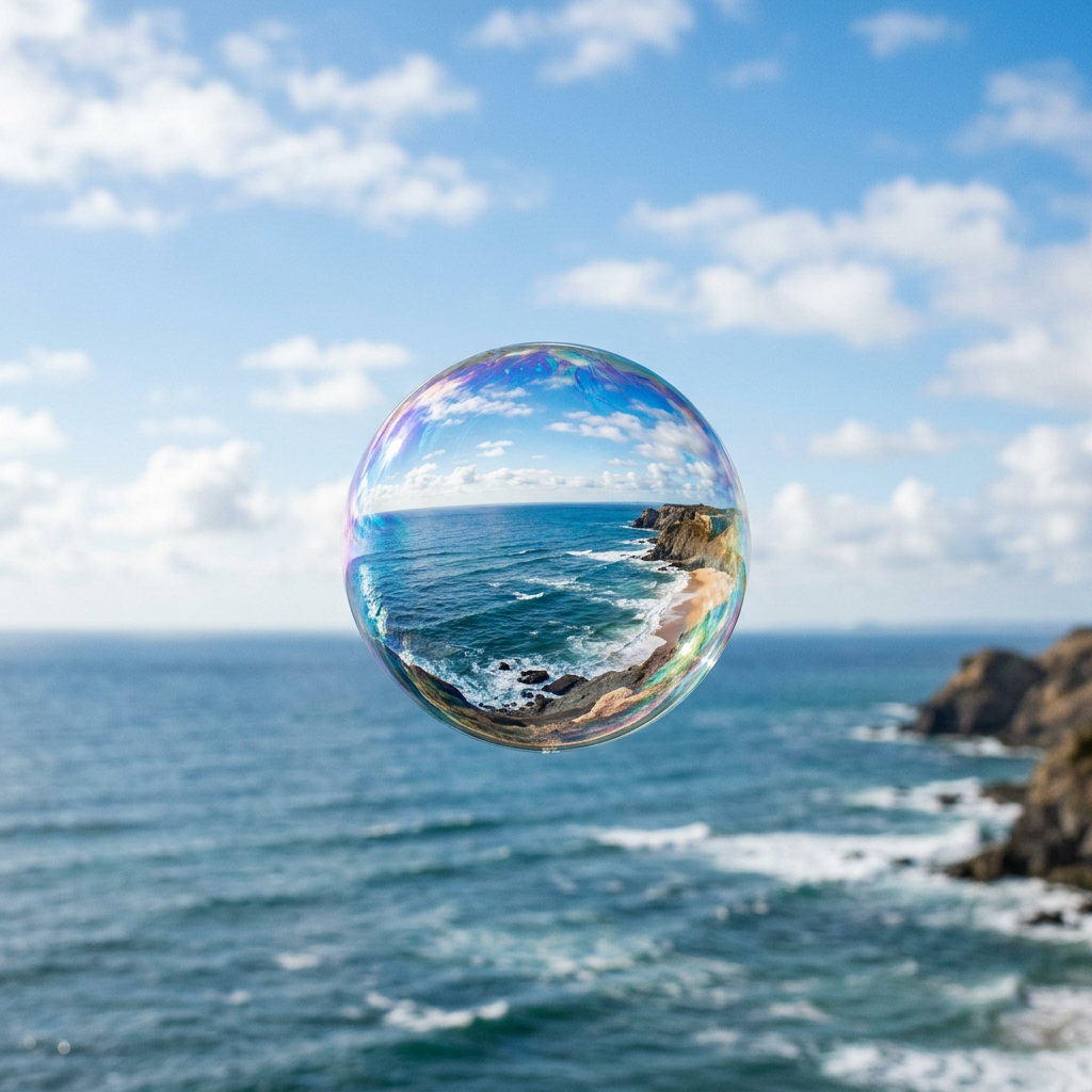 Soap bubble reflecting coastal cliffs, ocean waves, and sky