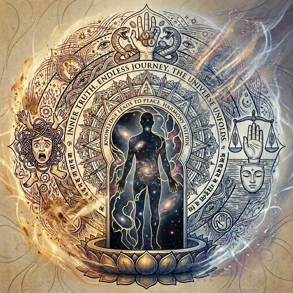 Buddha seated in meditation surrounded by mandala, Sanskrit script, symbolic hands, faces, and abstract patterns