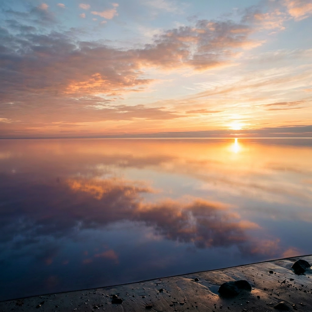 Sunset over calm lake with reflections on water and sandy shore