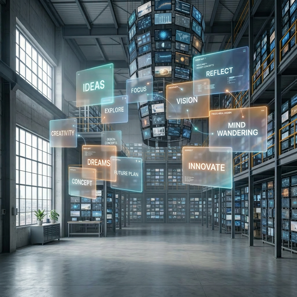Woman interacting with floating digital interface showing ideas, creativity, and innovation concepts