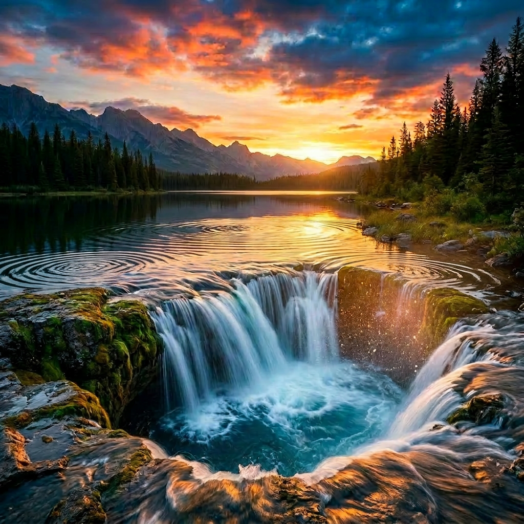 Ripple in calm lake water reflecting colorful sunset and surrounding trees