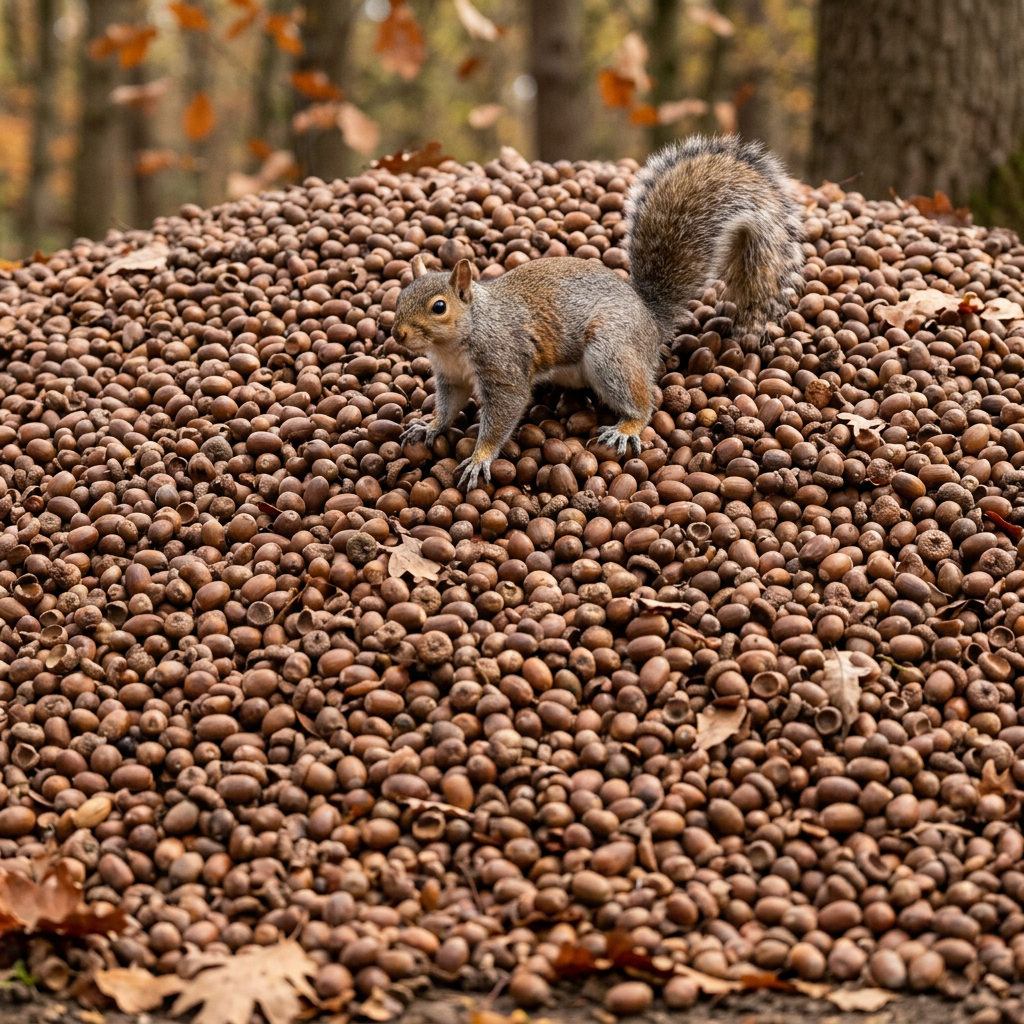 A squirrel standing on a large pile of acorns in the forest