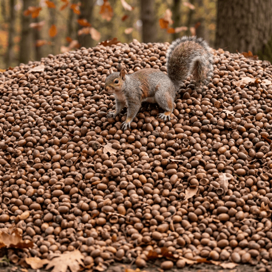 A squirrel standing on a large pile of acorns in the forest