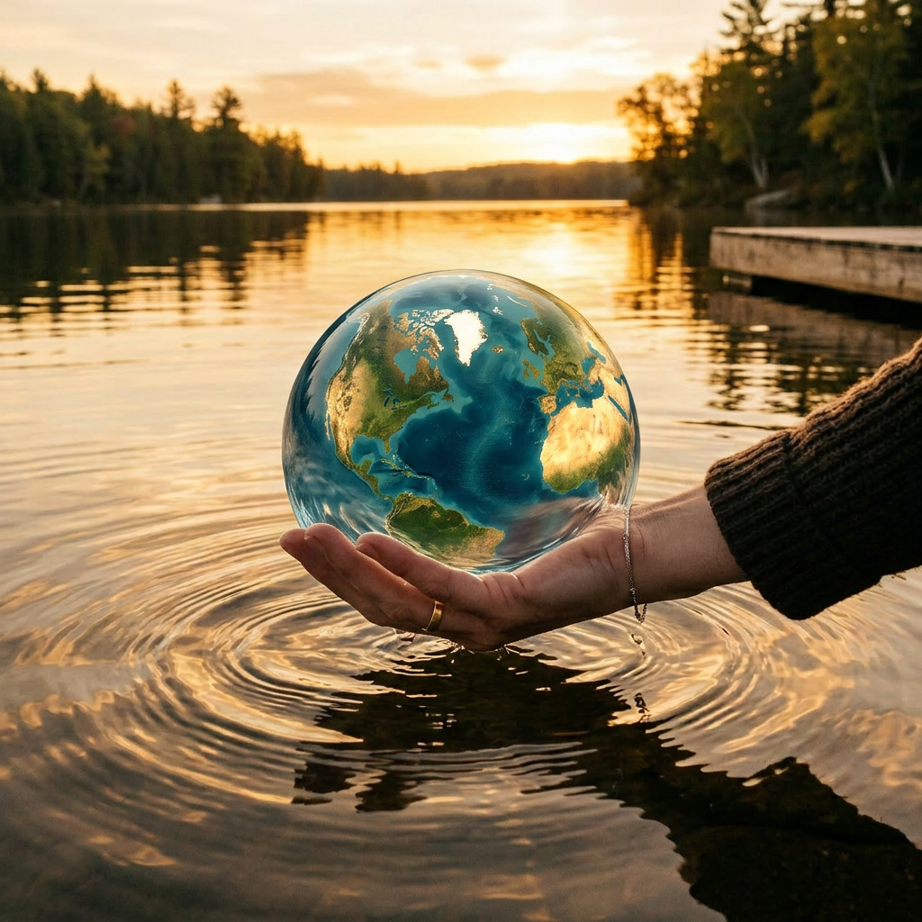 A hand with a bracelet touching rippling water of a lake at sunset